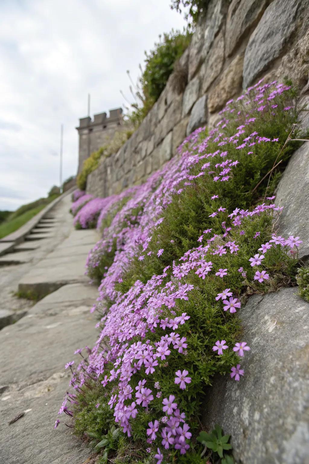 Creeping phlox enhancing a stone wall with natural beauty.