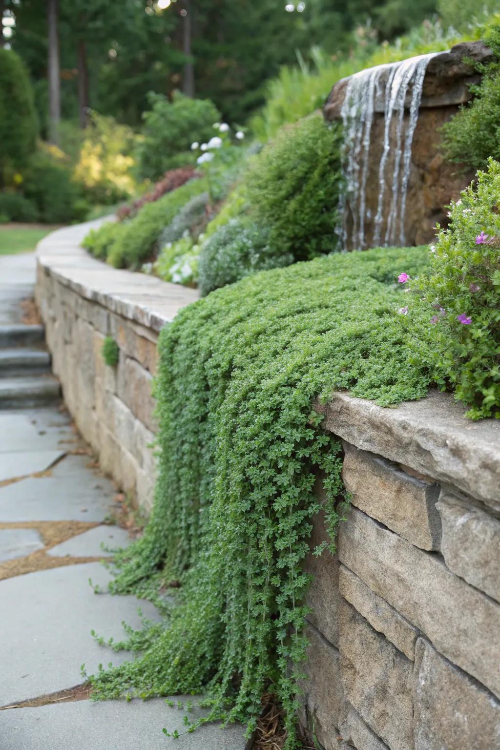 Soften hardscapes with thyme cascading over walls.