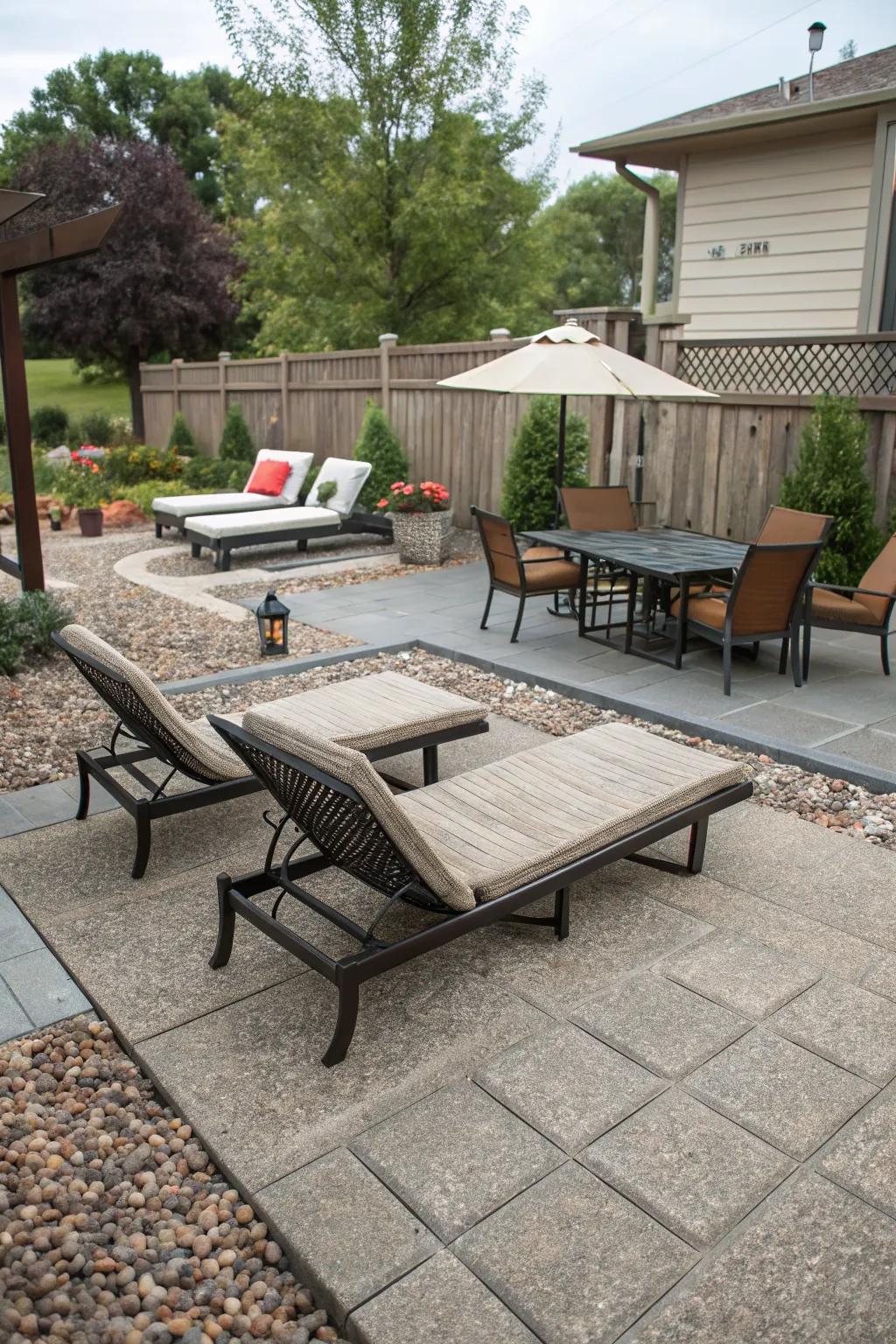Crushed granite patios accommodate diverse seating arrangements for any occasion.