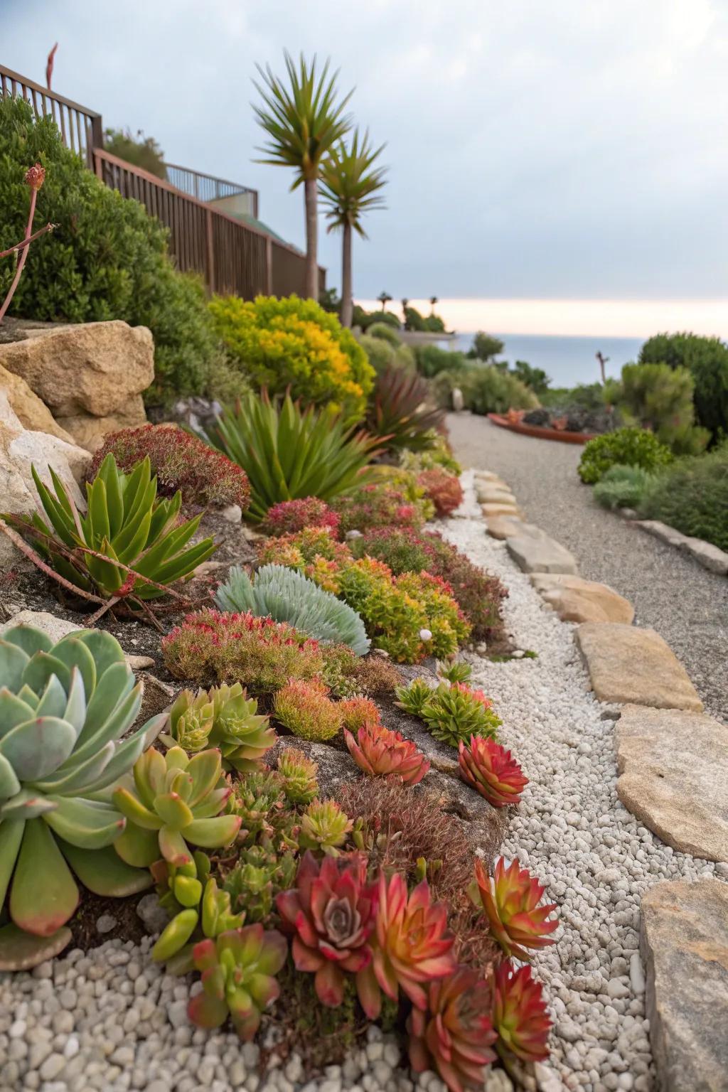 Cultivate a low-water succulent garden on crushed stone.