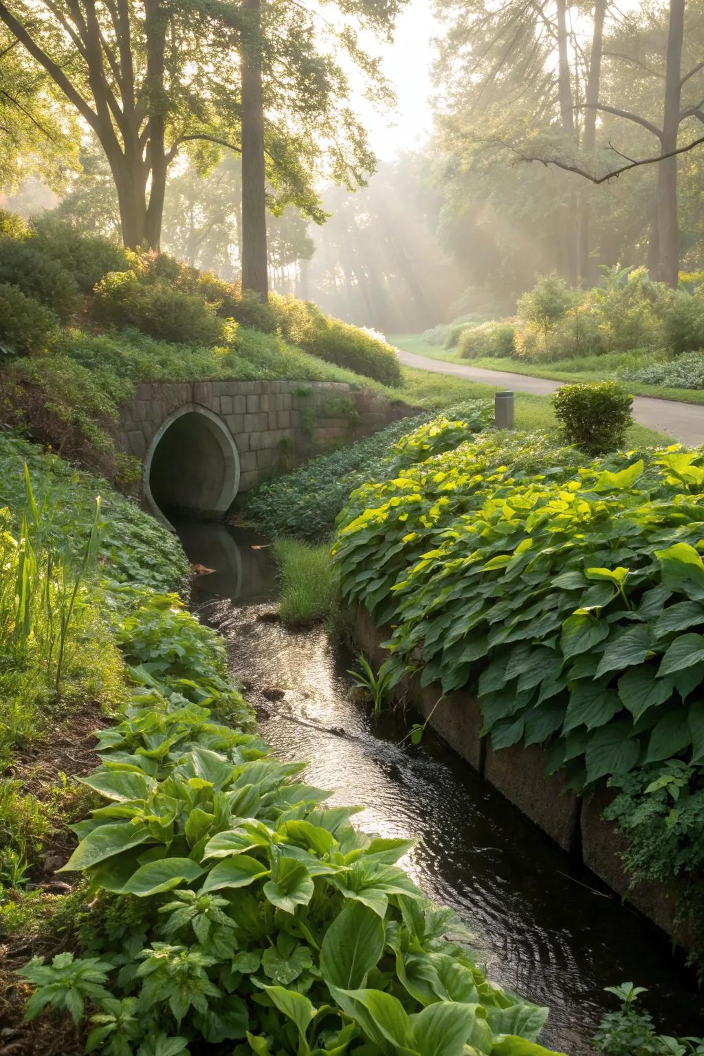 Groundcover plants create a lush environment around culverts.