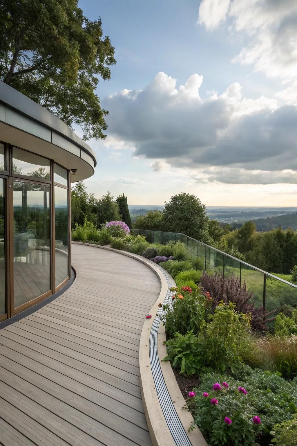 An elevated deck providing breathtaking views of the garden below.
