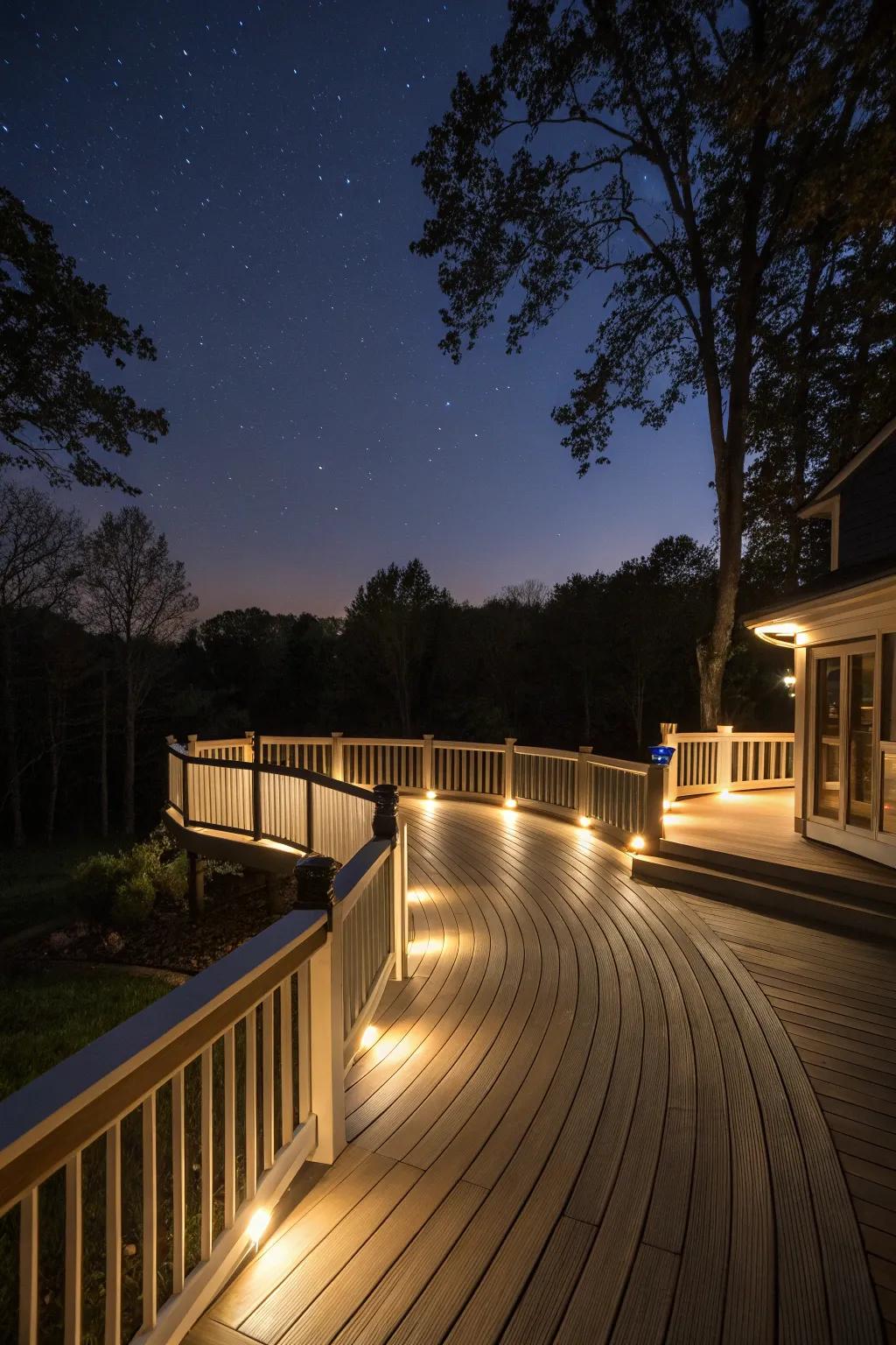 Curved deck beautifully lit to highlight its features at night.
