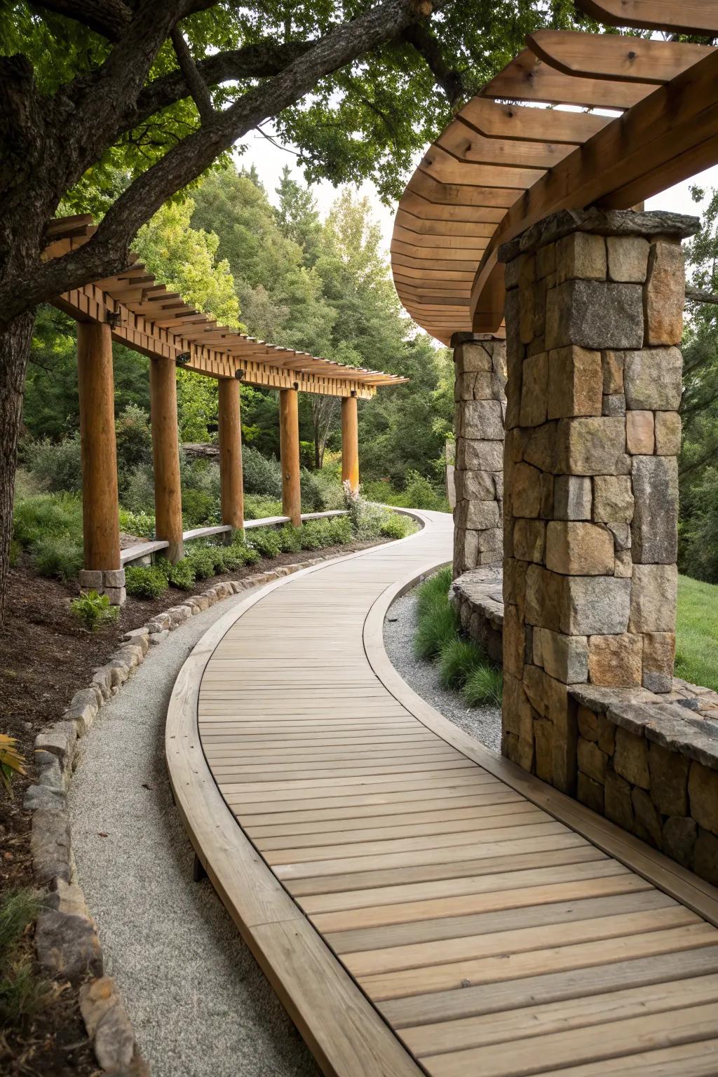 A curved walkway creatively combining stone and wood materials.