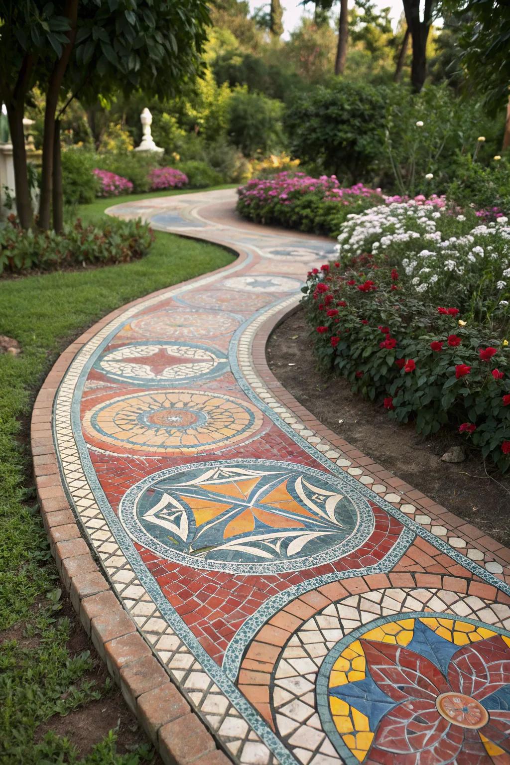 A vibrant mosaic path that's a visual feast.