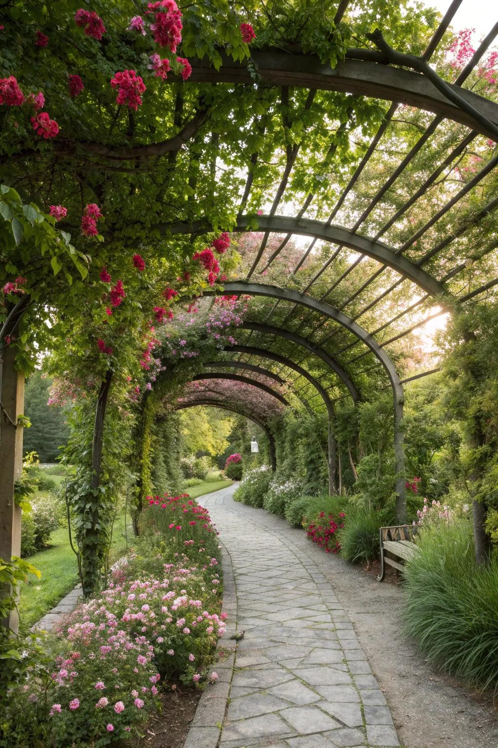 A curved pergola adds architectural elegance and shade.