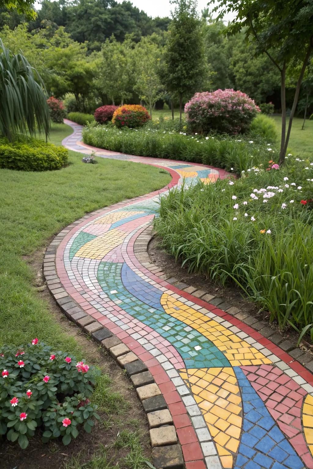 Artistic flair with a mosaic walkway.