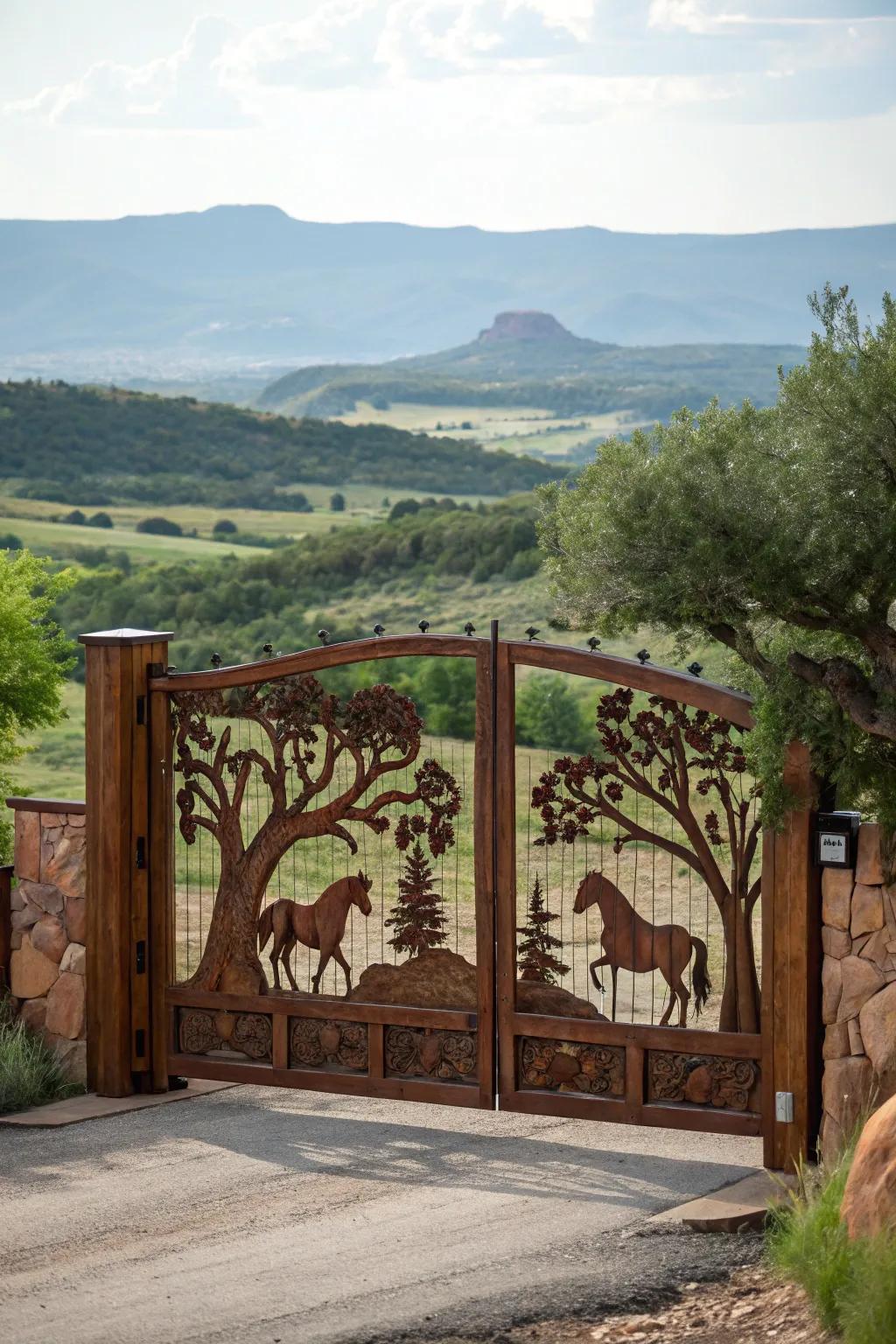 Wildlife motifs bring nature into the design of this ranch gate.