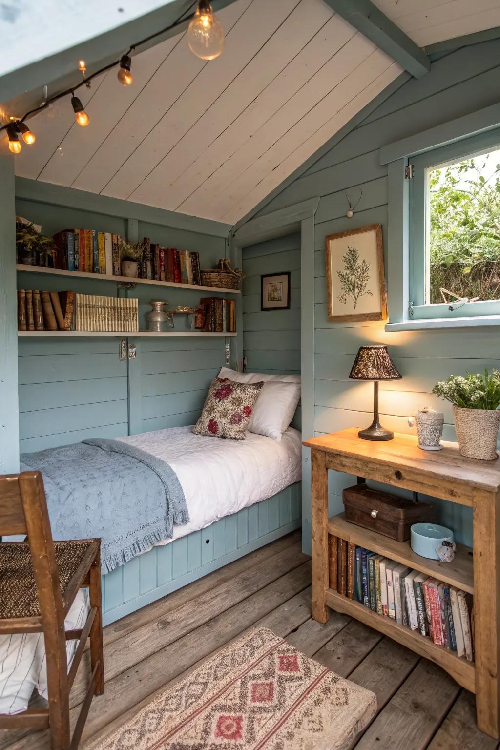 A tiny guest house with a bed and cozy decor.