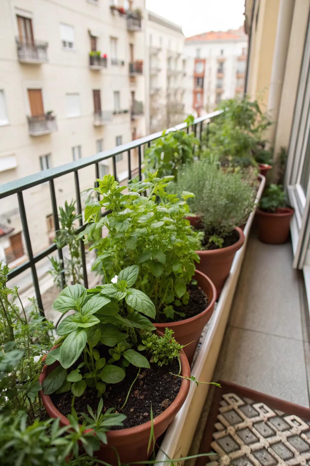 A small balcony adorned with pots of aromatic herbs such as basil and mint.