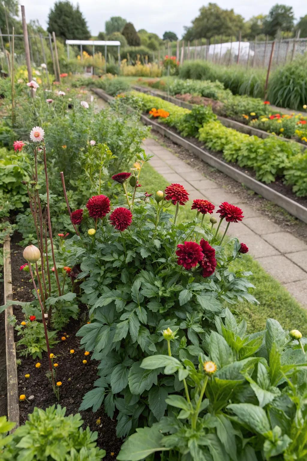 Combining dahlias with edibles creates a garden that's both beautiful and useful.