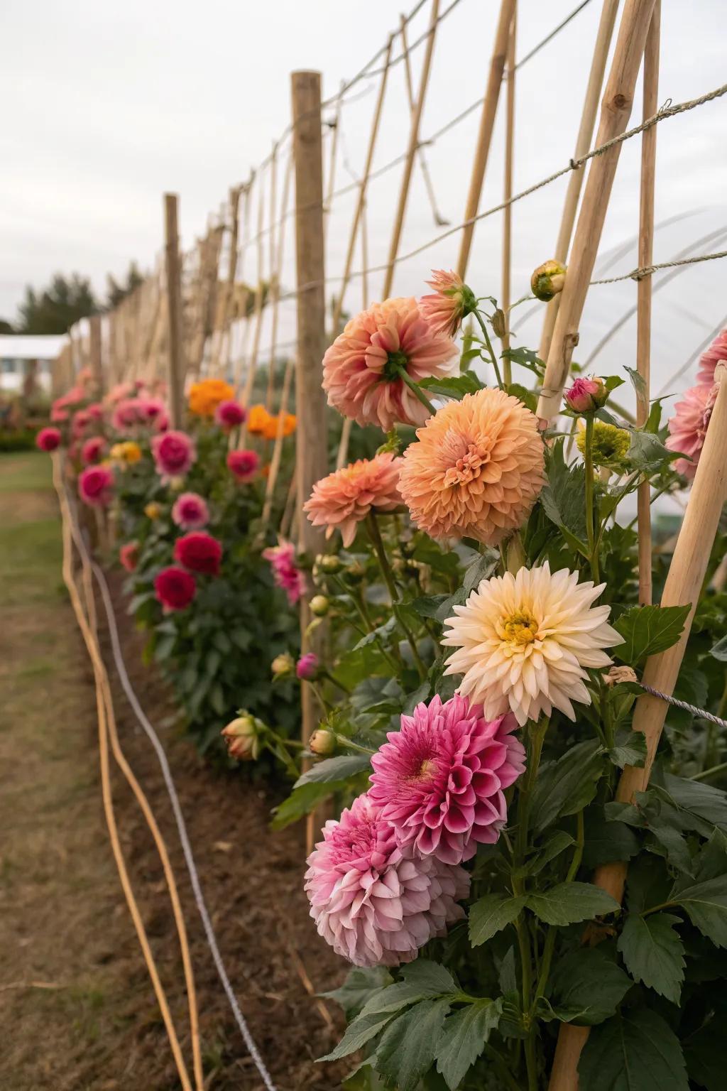 The corral method offering group support to dahlia plants.