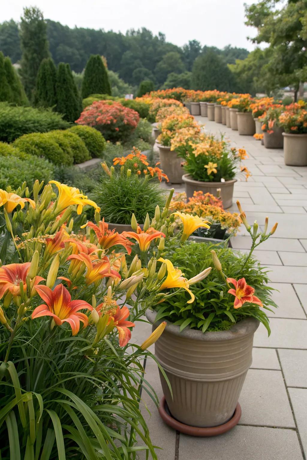 Container planting with daylilies for versatile garden decor.