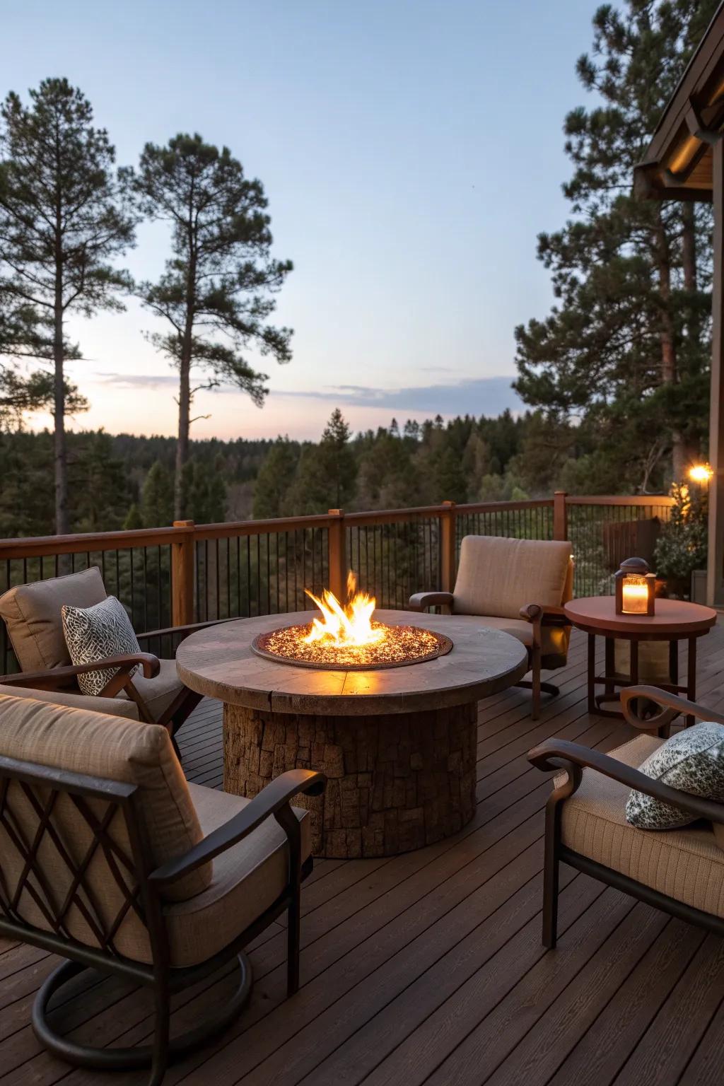 A fire pit table creates a cozy centerpiece for any deck.