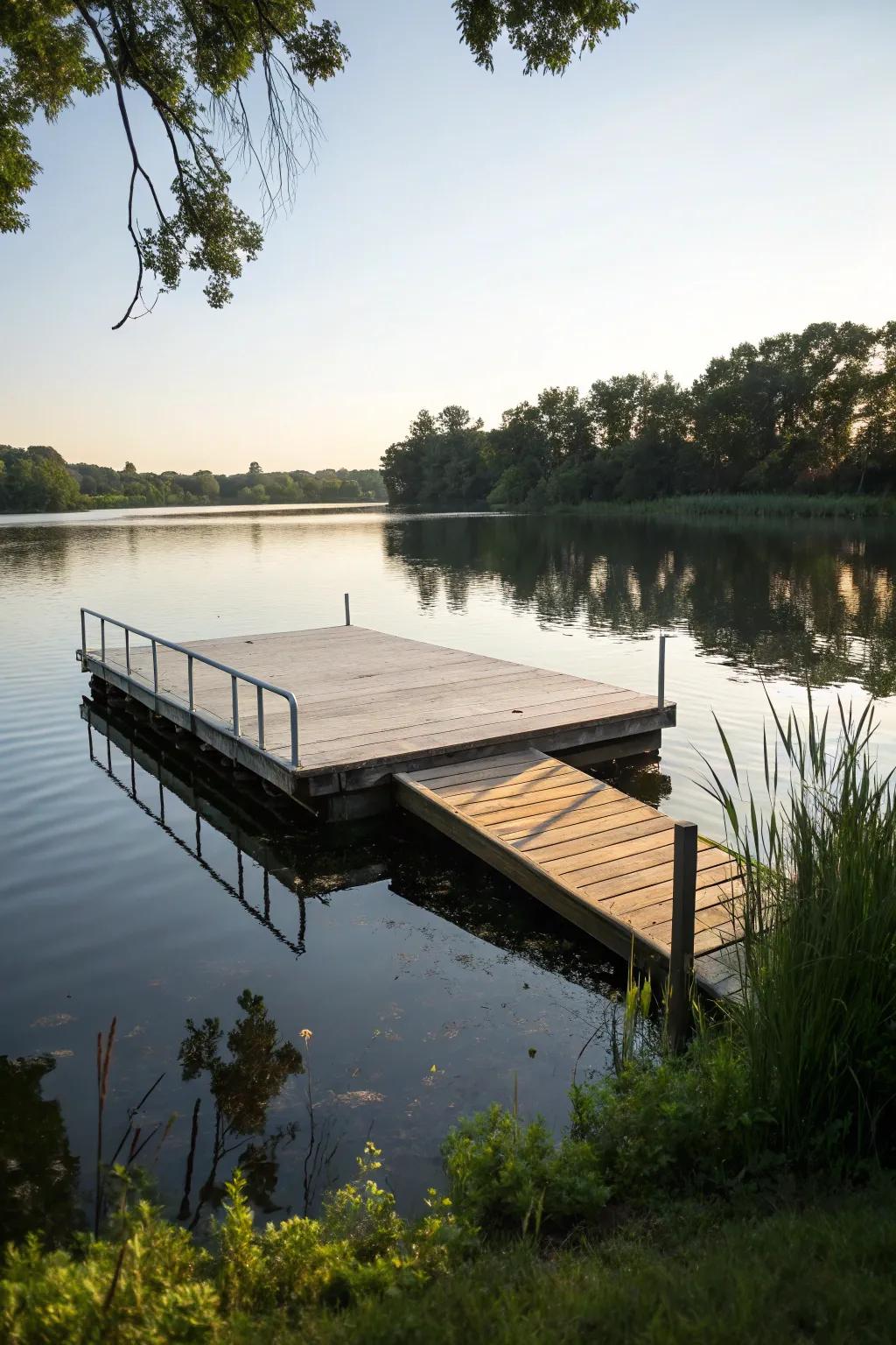 A modern floating deck over tranquil waters.