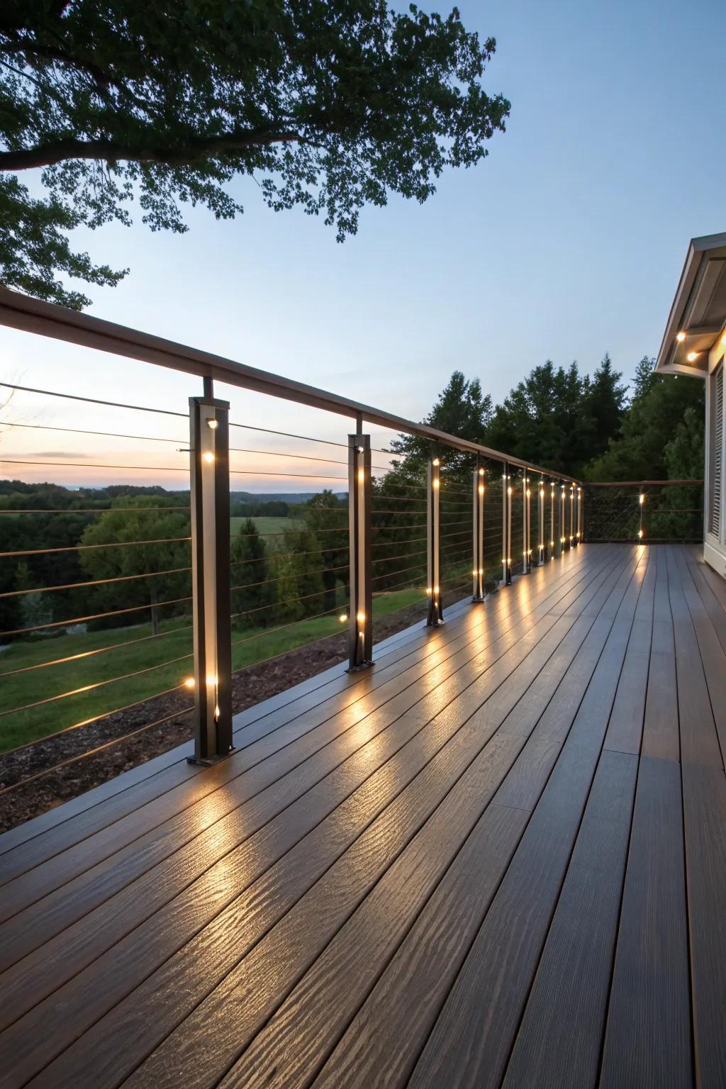 Deck with a polished look from under-rail lighting.