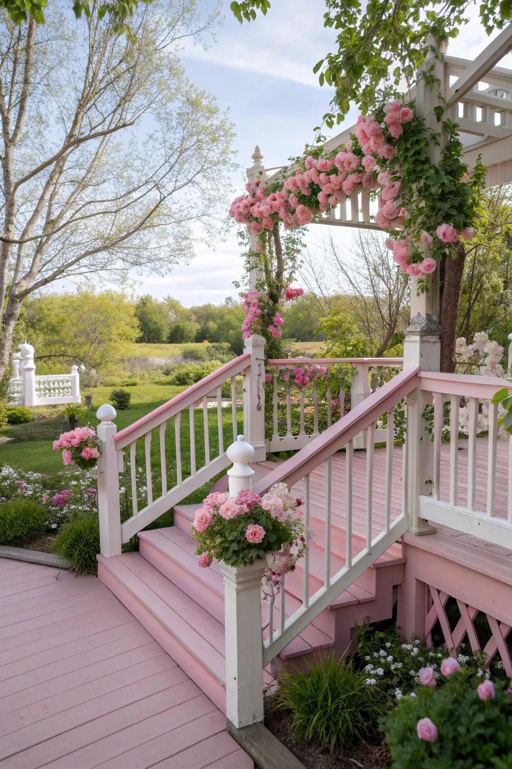 Pastel pink railings create a whimsical, inviting deck space.