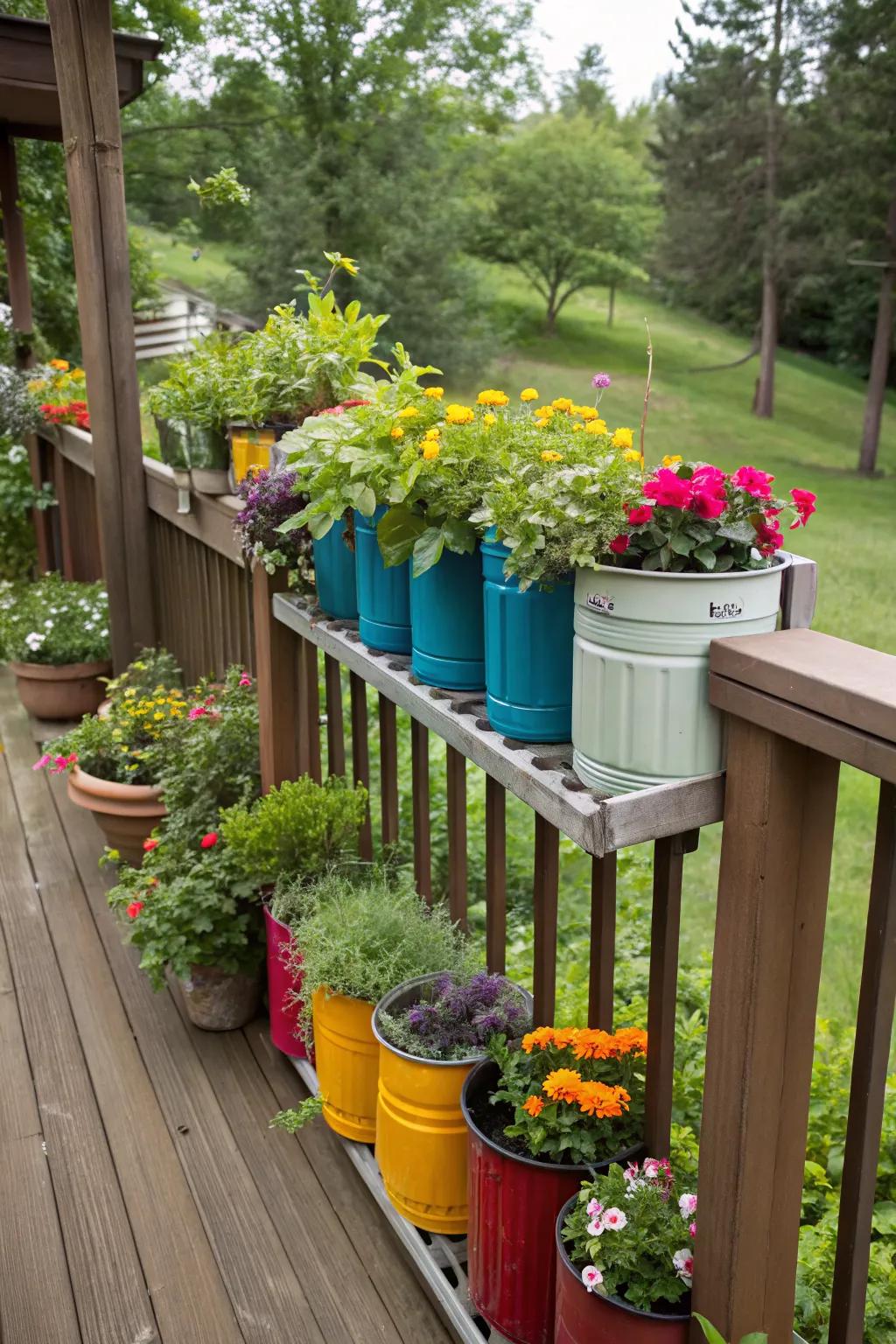 Recycled containers add a personal and sustainable touch to your deck.