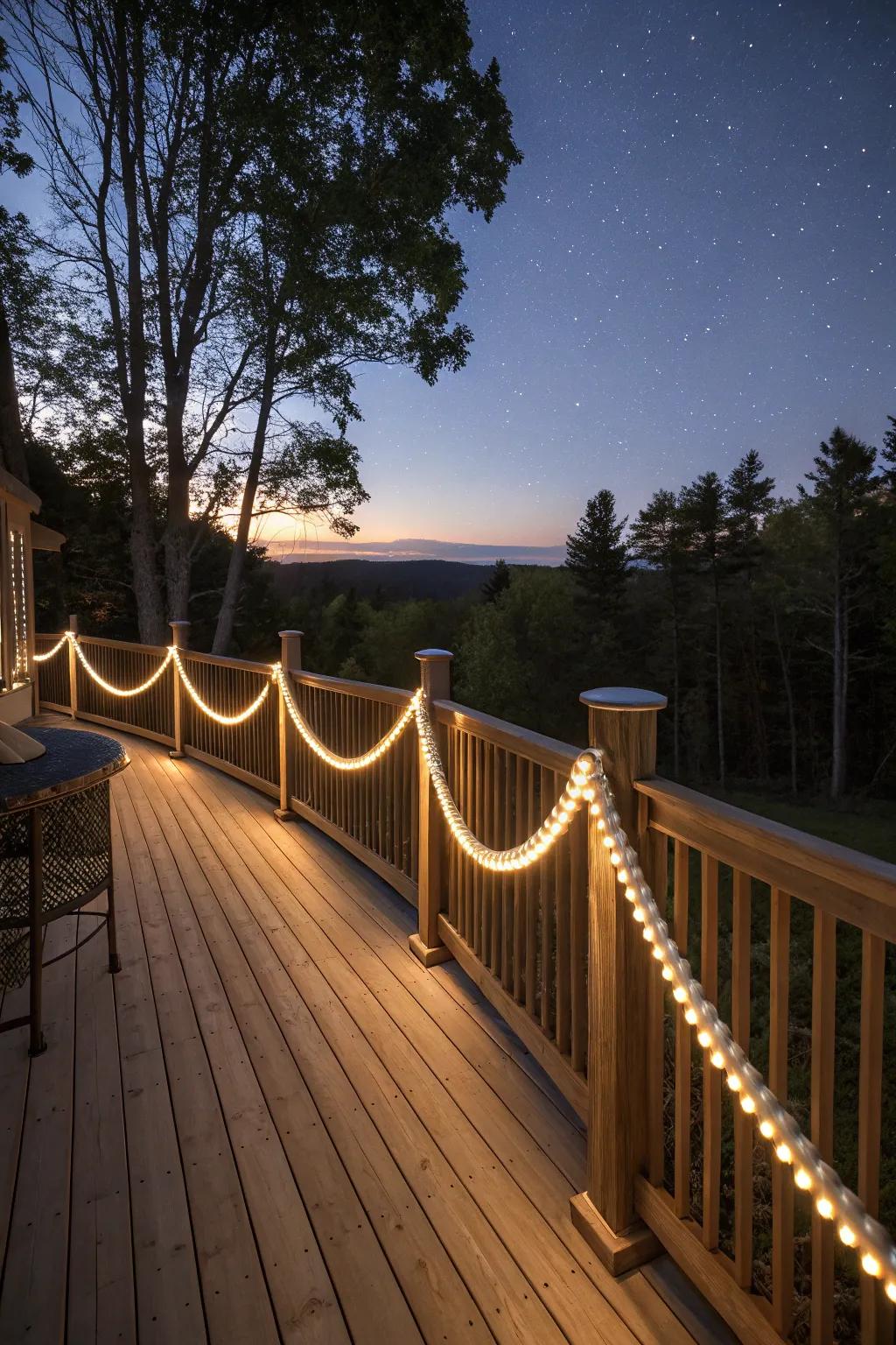Rope lights provide a gentle glow and highlight deck edges beautifully.