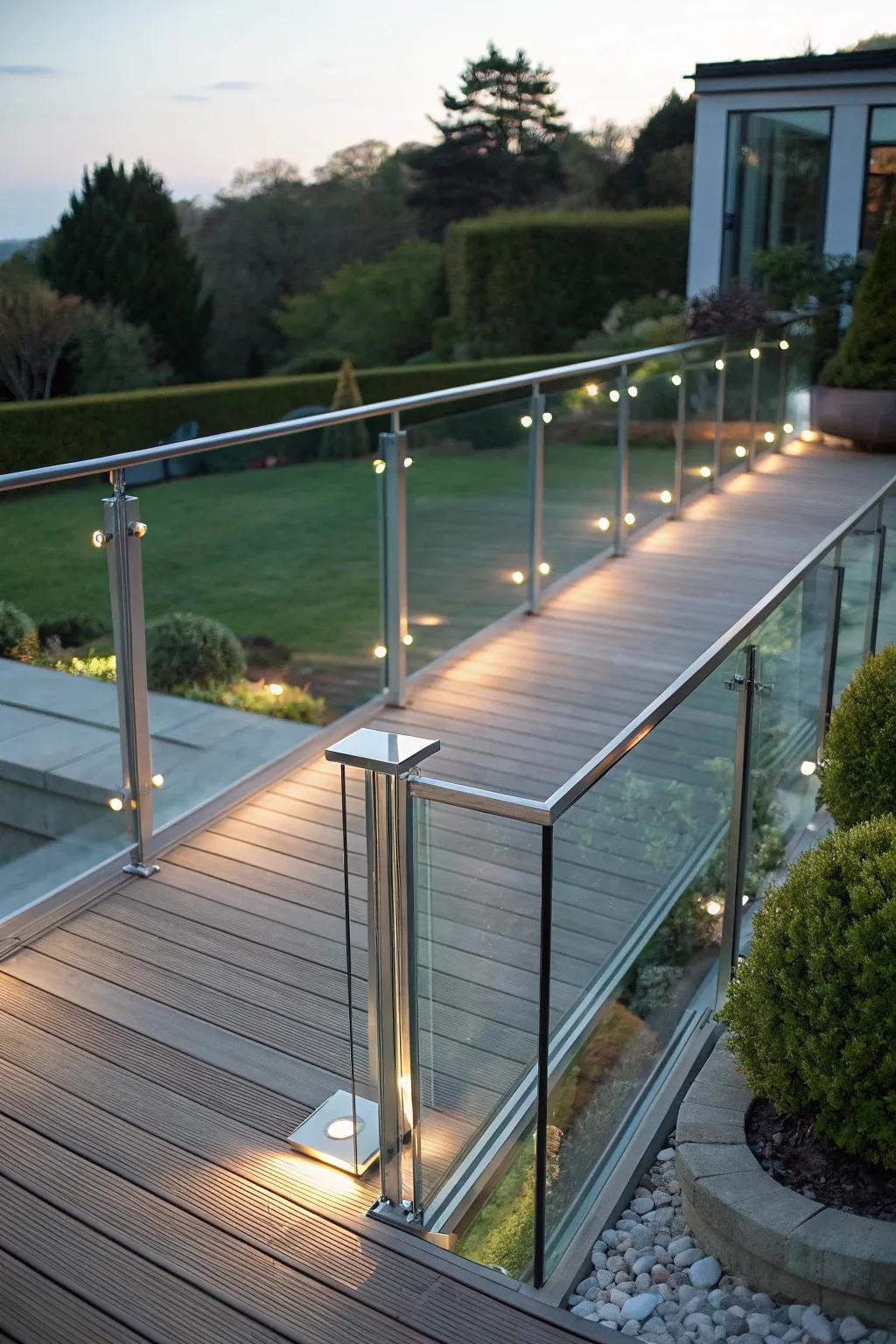 Glass railing lights add modern elegance to the deck.