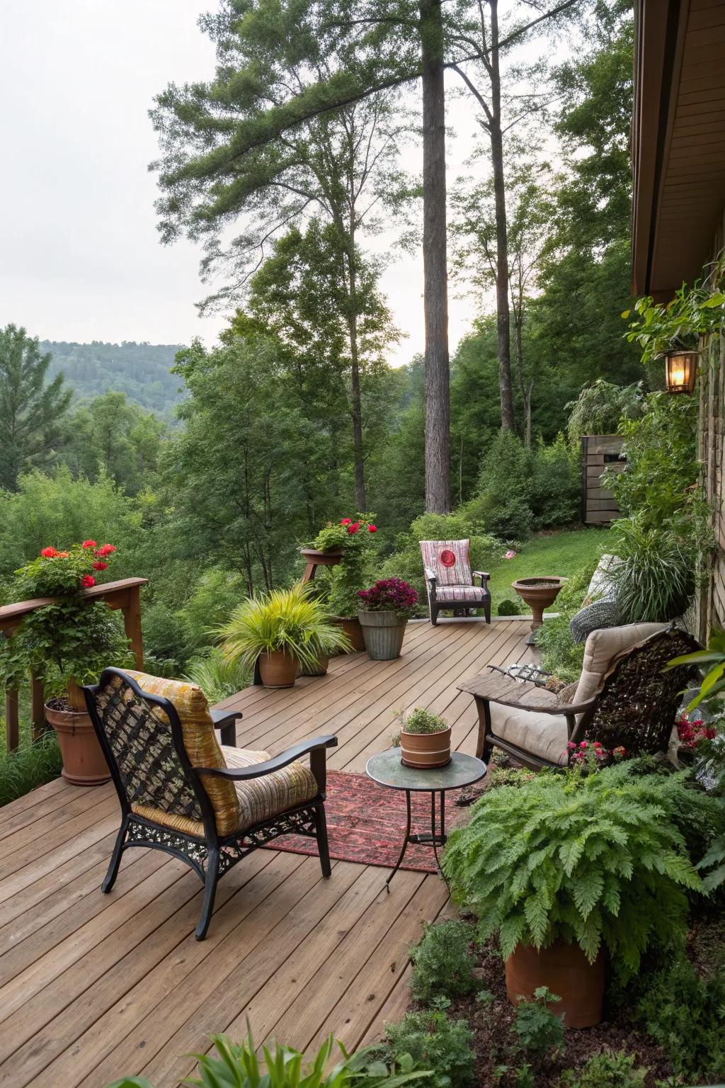A peaceful deck retreat enhanced by lush greenery and natural elements.