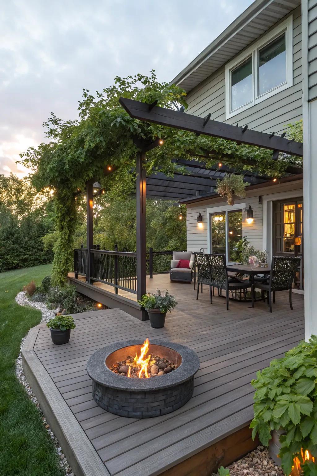 A fire pit adds warmth and a focal point.