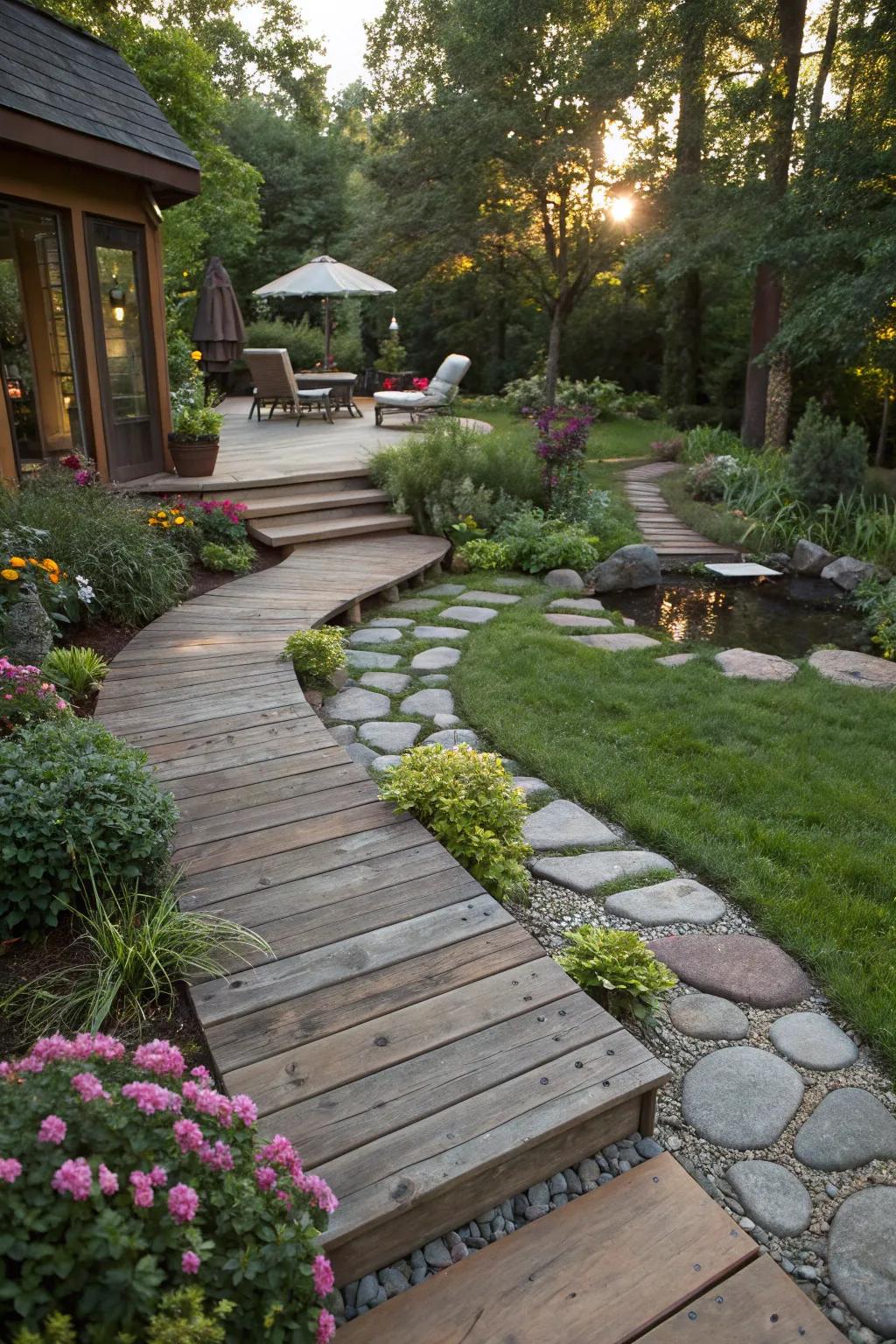 Pathways create a natural flow between the deck and garden features.