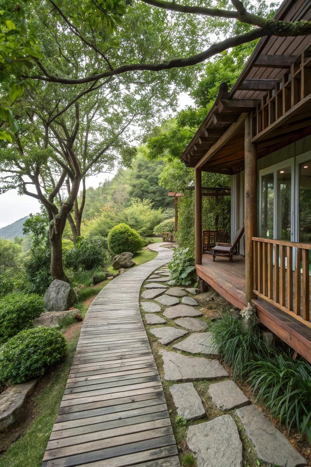 A well-designed pathway leading to a welcoming deck, surrounded by lush foliage.