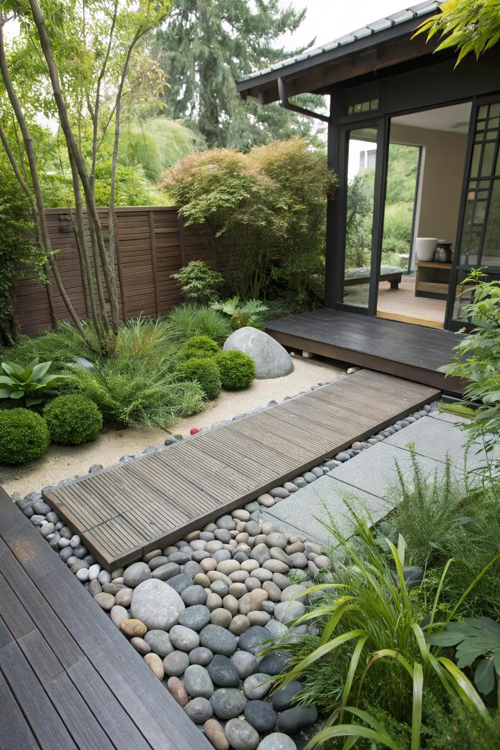 Create a tranquil retreat with decking tiles and greenery.