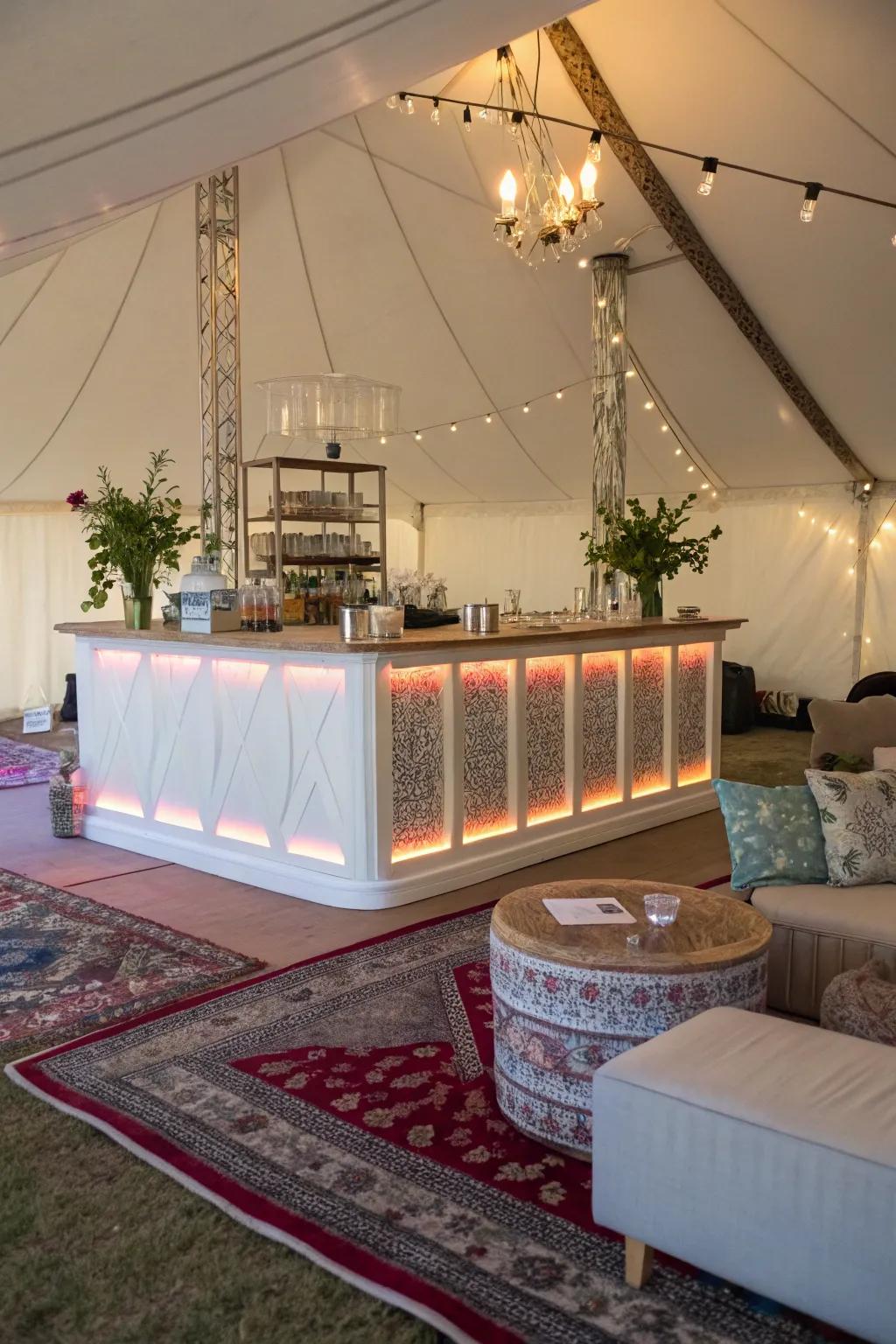 A custom pop-up bar serves as a focal point in this tent.