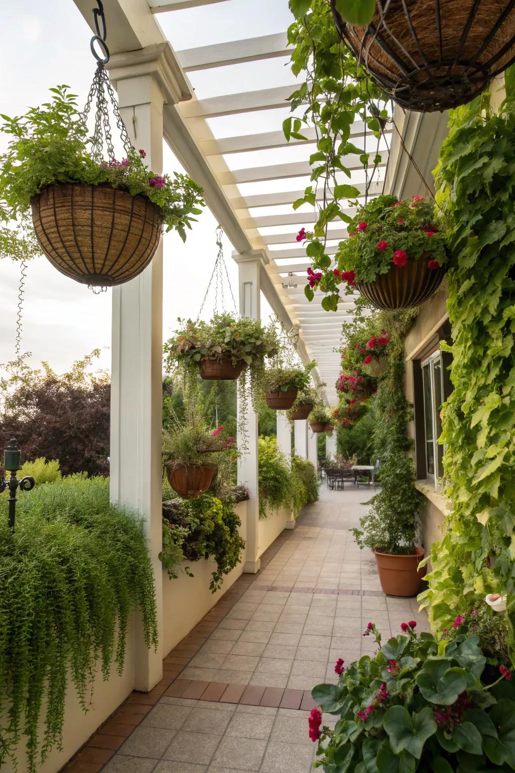 Hanging baskets add instant charm and vertical interest to the patio.