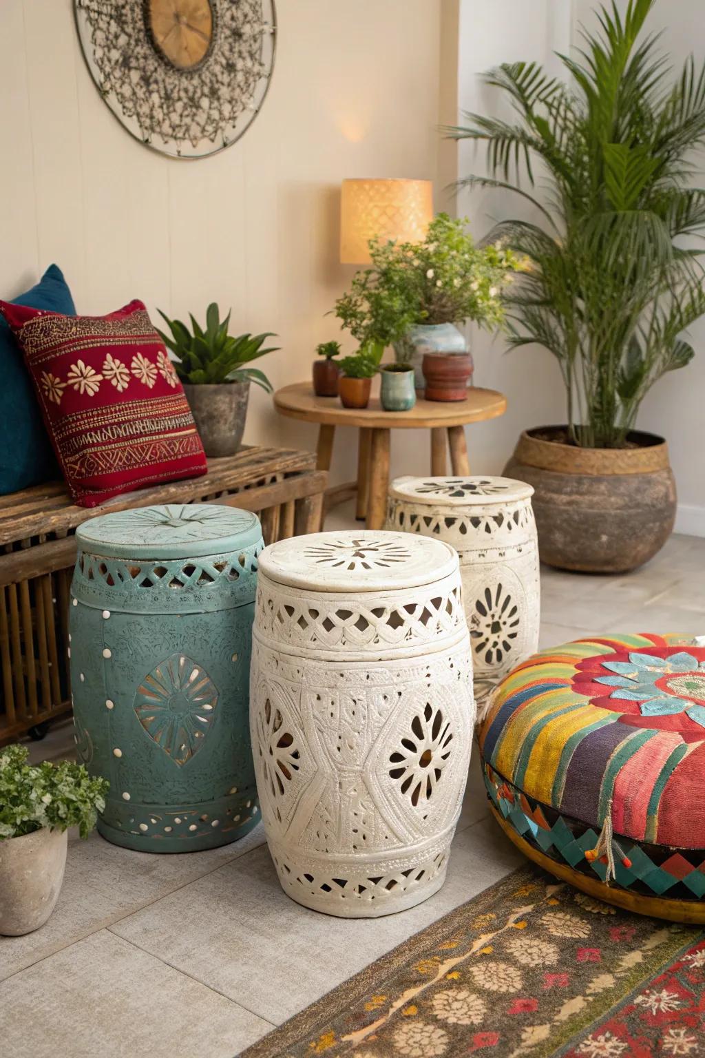 A stylish room showcasing a mix of ceramic and metal textures in garden stools.