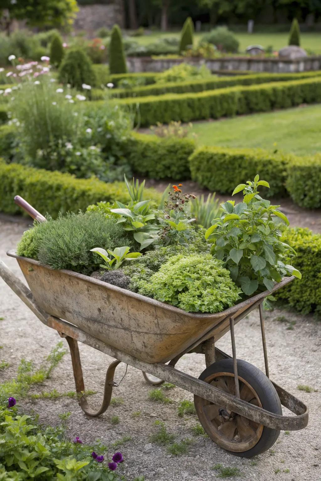 A rustic wheelbarrow planter adds charm to any garden.