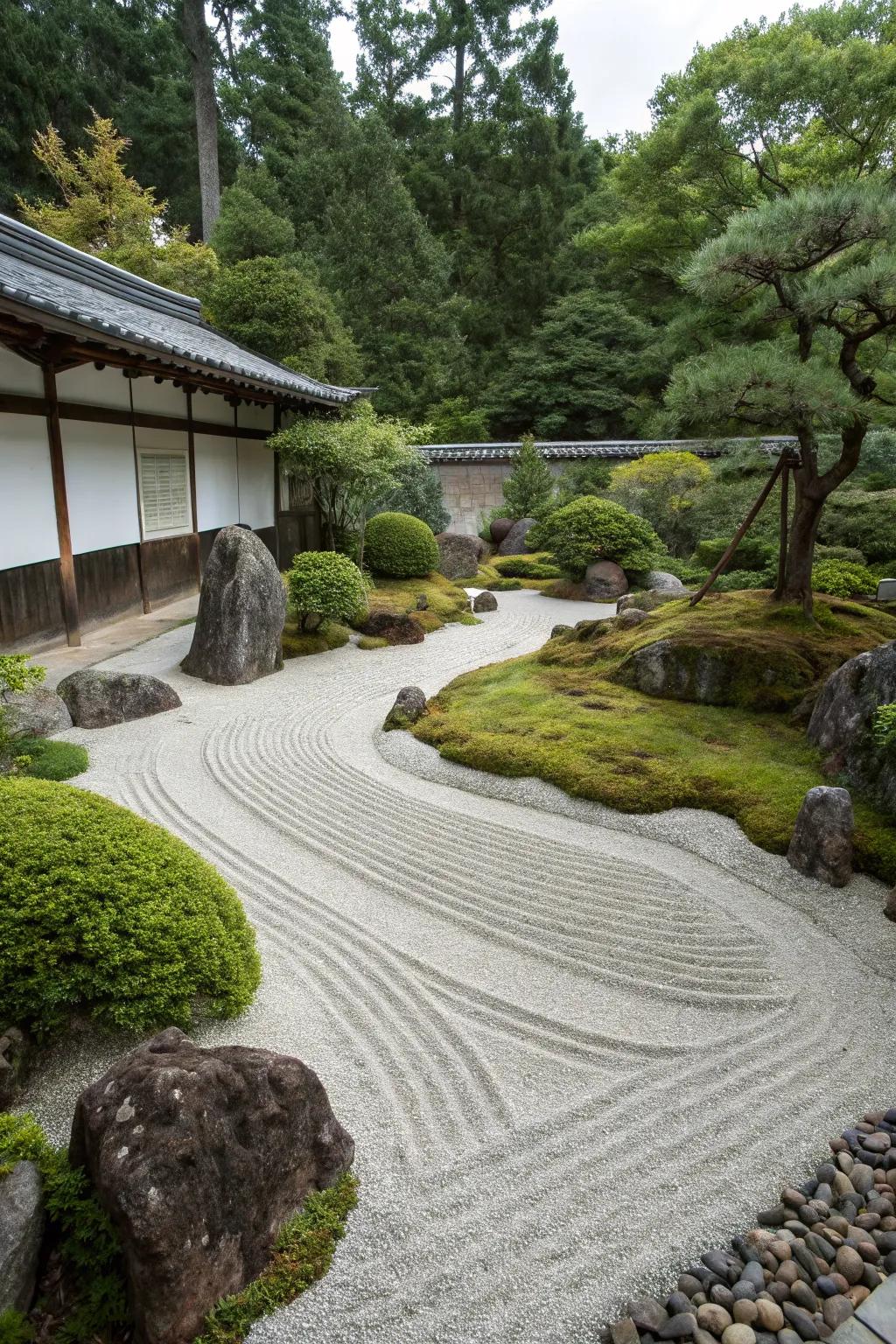 A tranquil Zen garden with meticulously arranged gravel.