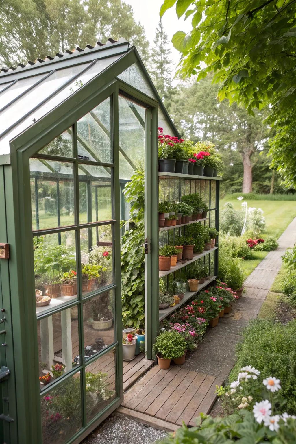 A greenhouse shed perfect for nurturing plants.