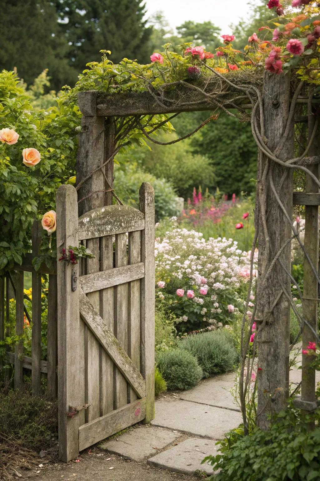Rustic latches offer charm and security to garden gates.