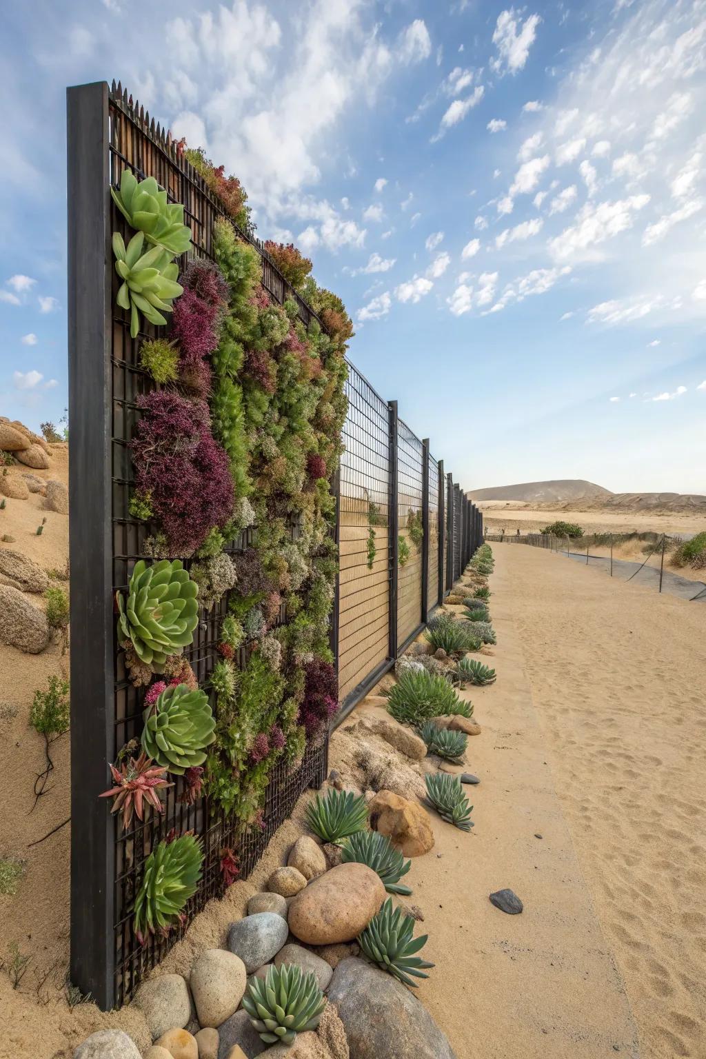 A succulent wall fence brings greenery to the desert.