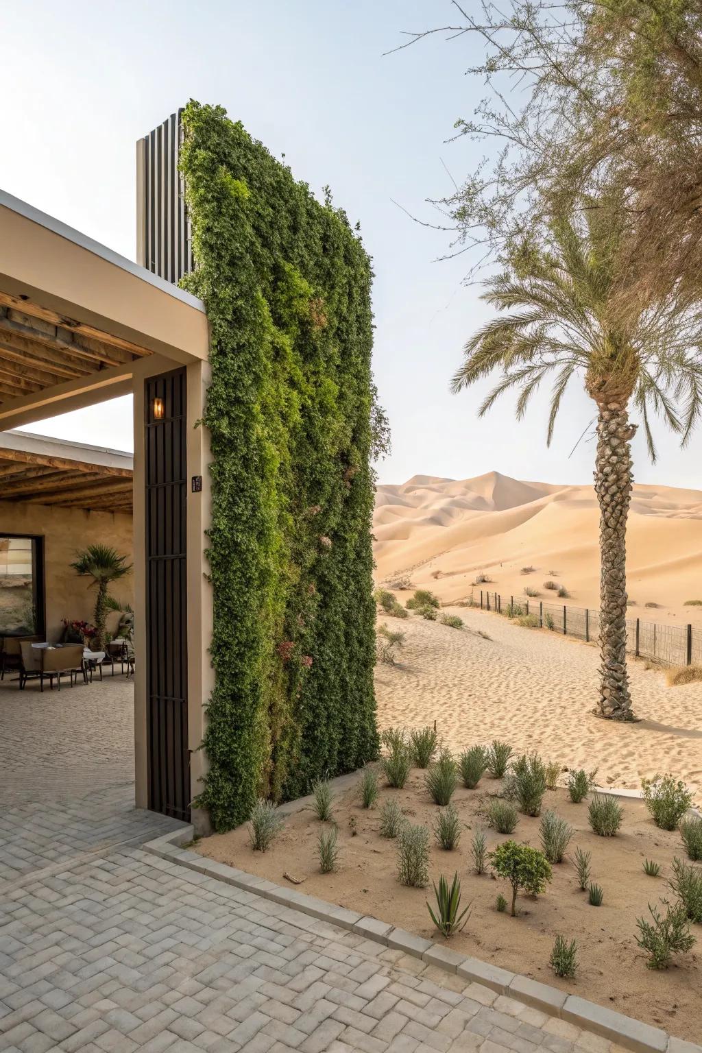 A vertical garden maximizes space and adds layers to this desert front yard.