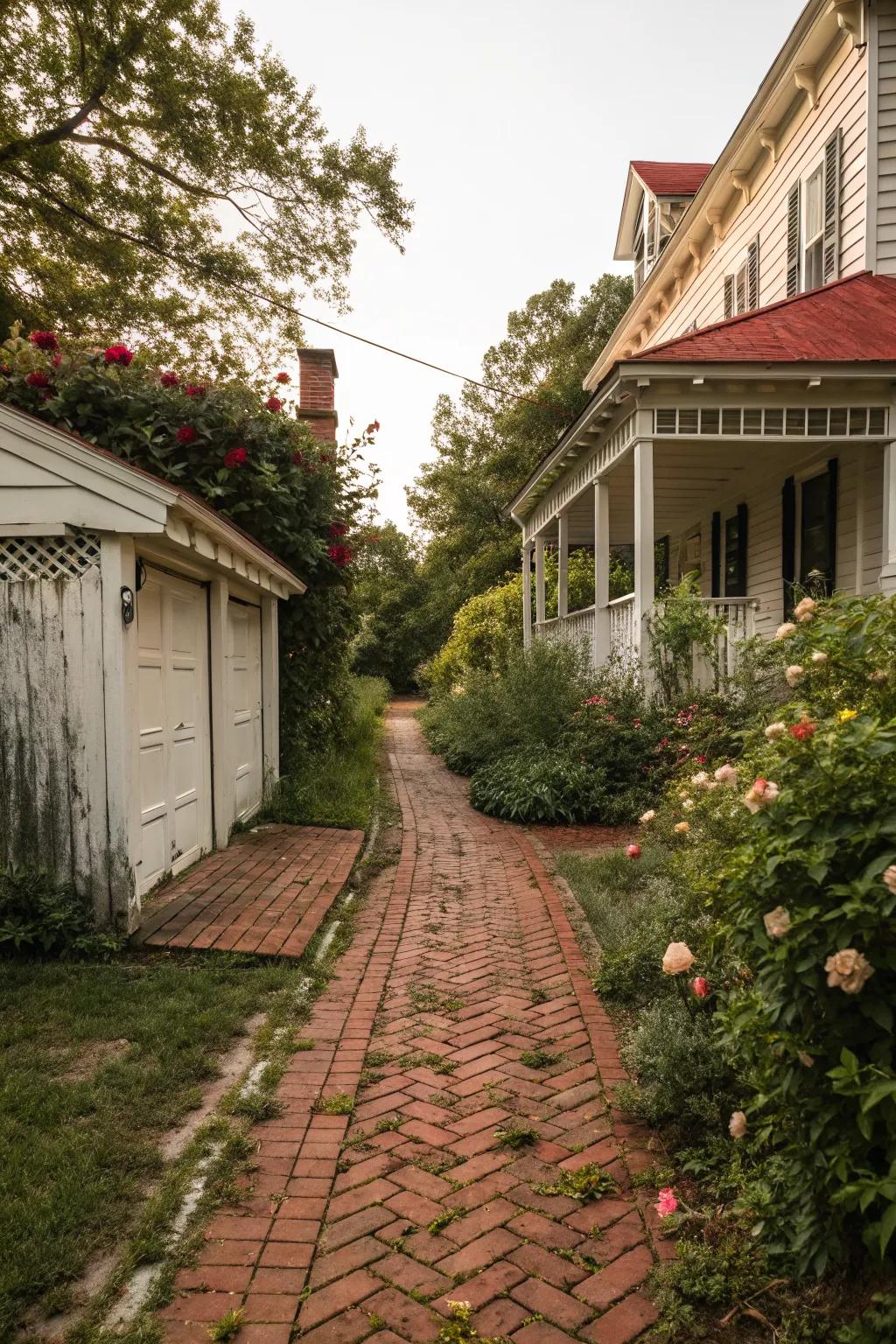 A timeless vintage brick path offering historic charm.