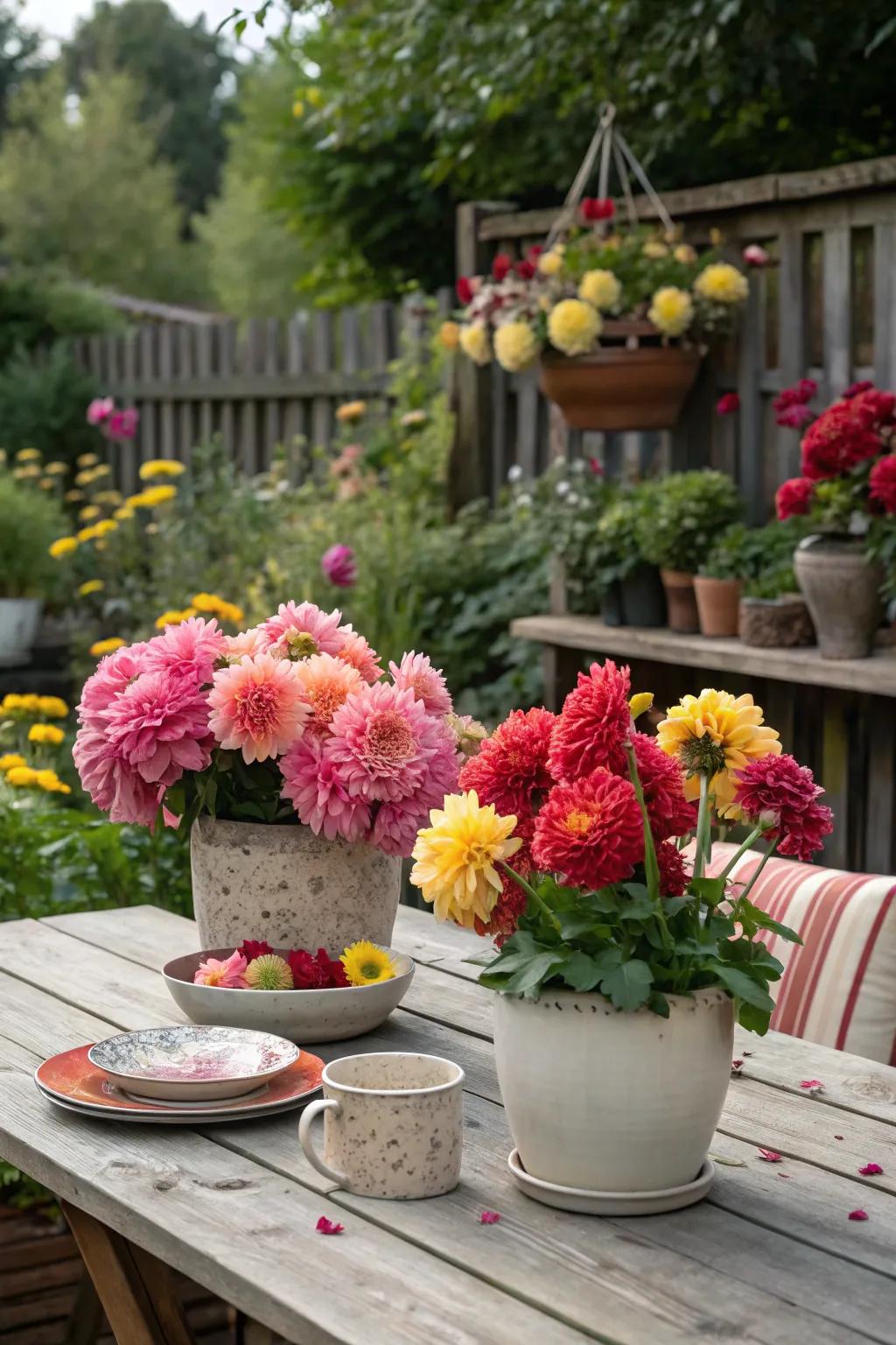 Vintage pots filled with dinner plate dahlias in a charming outdoor setting.