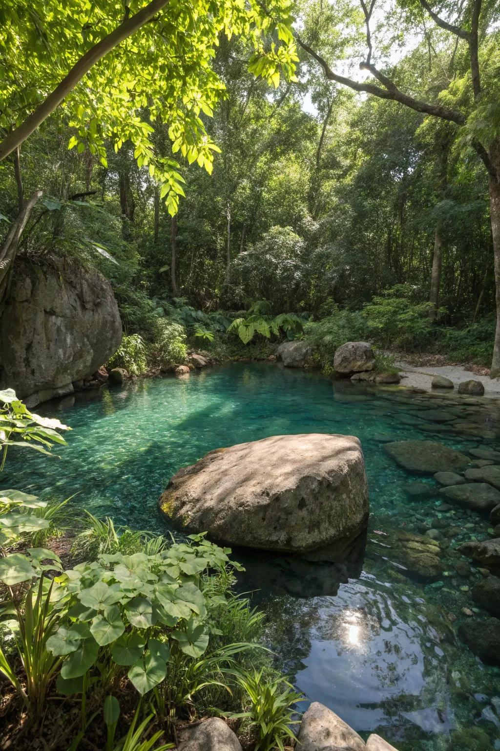 A natural pool with a diving rock, blending seamlessly with its environment.