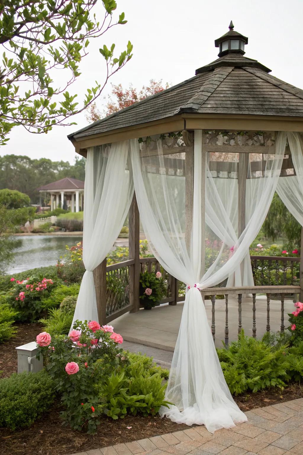 A gazebo with flowing curtains for a private retreat.
