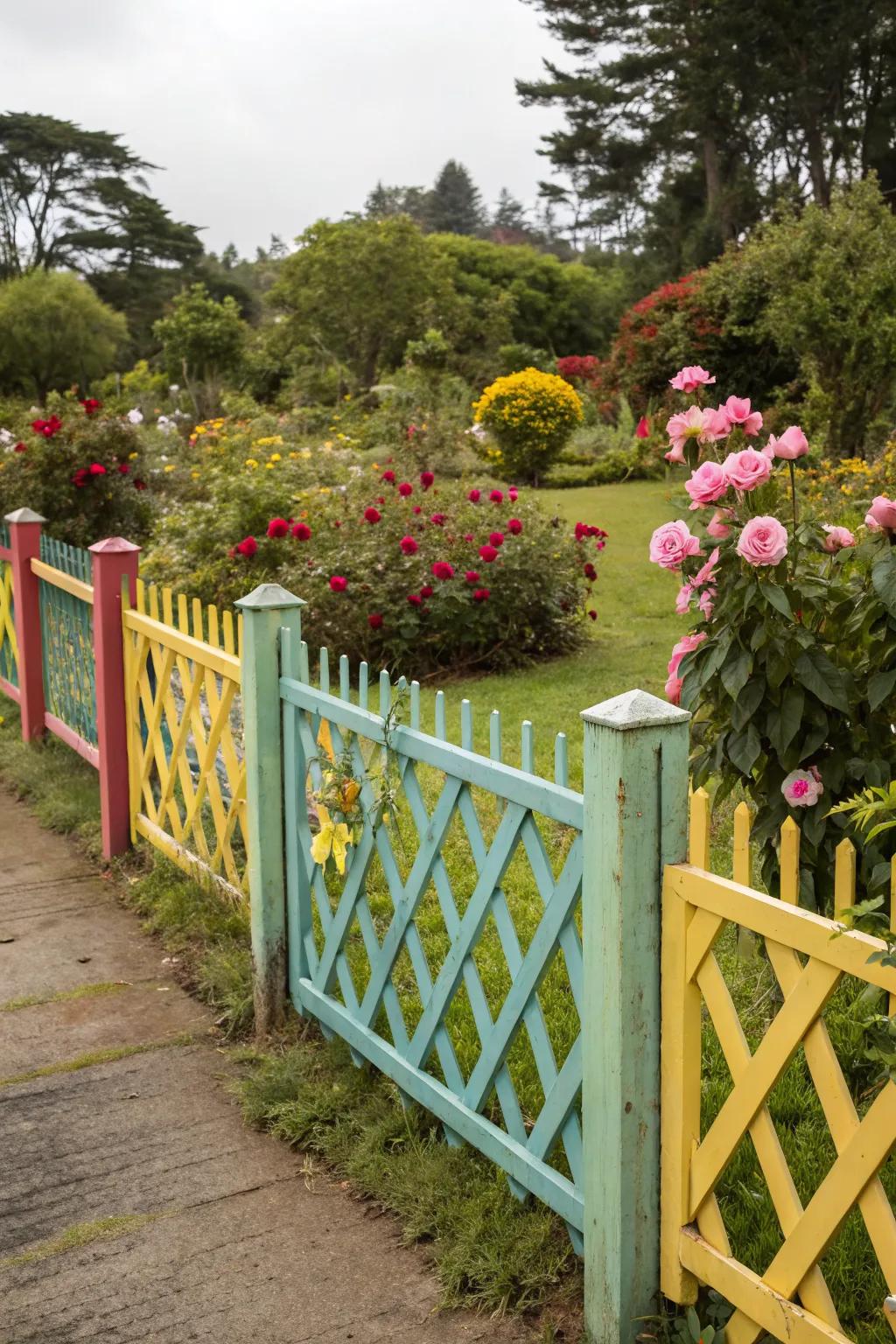 Painted lattice fences make a bold garden statement.