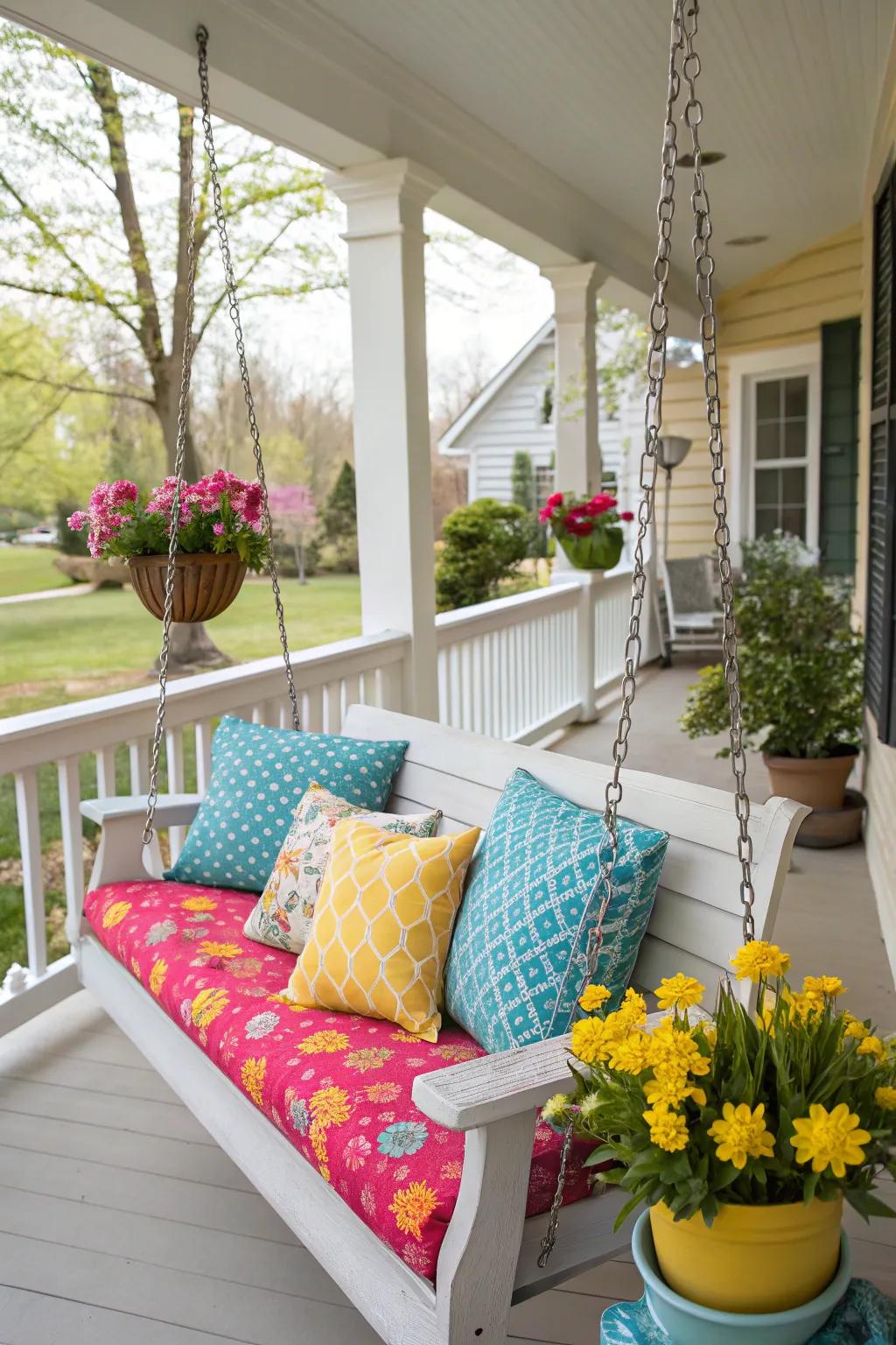 Colorful outdoor pillows add cheer to your seating area.