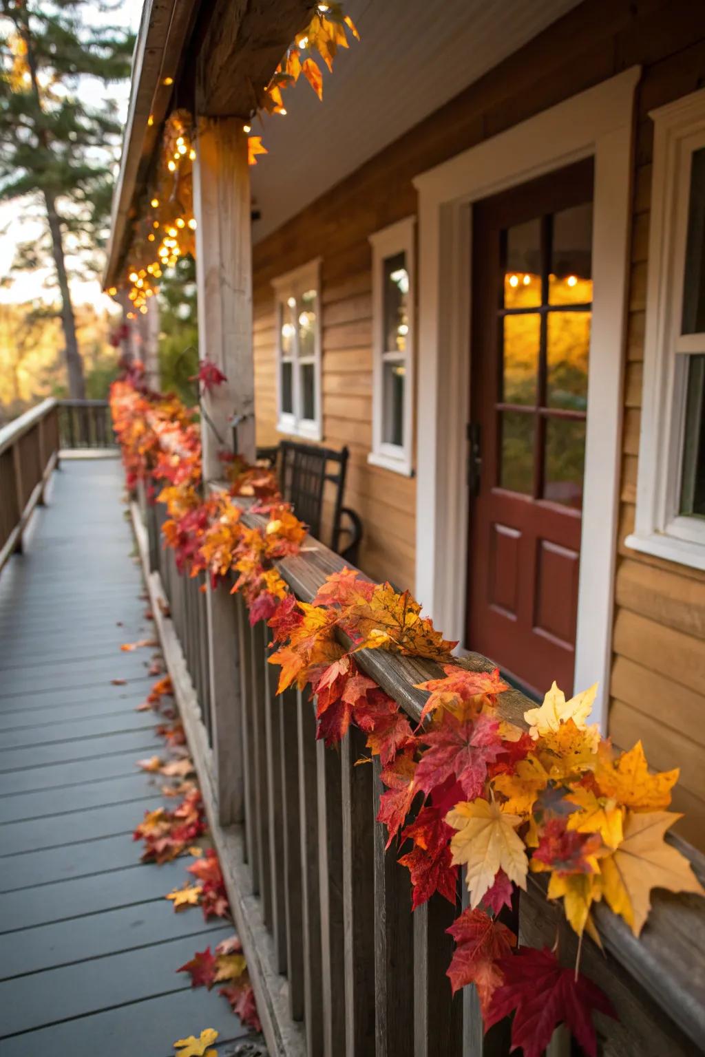 Autumn leaf garland adding color to the porch.