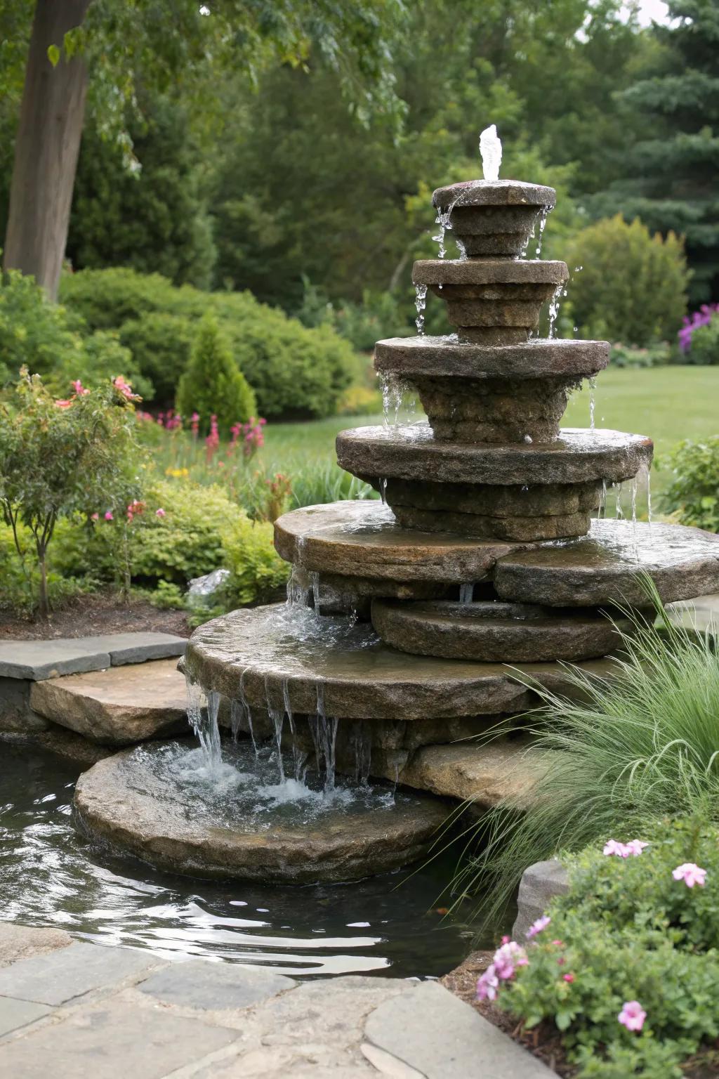 Bring nature into your garden with a stacked stone fountain.