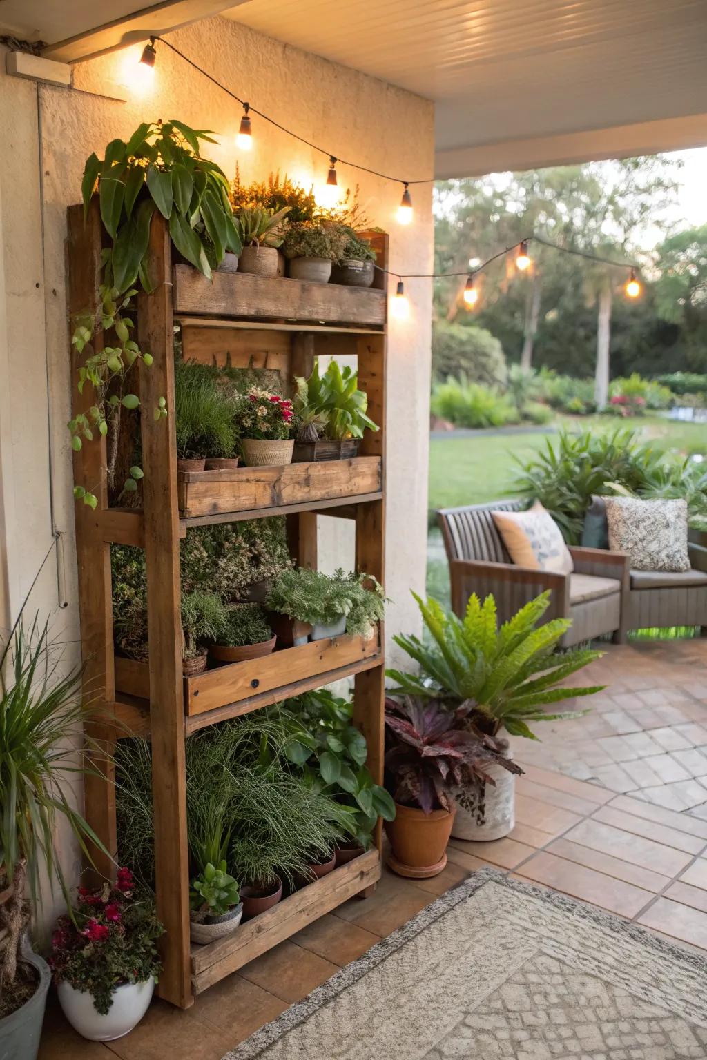 Sustainably display your plants with a reclaimed wood shelf.