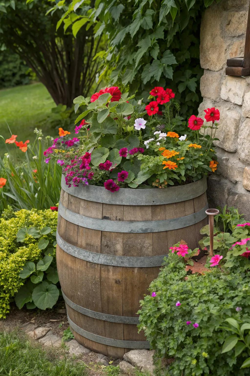 Wine barrel planters offer depth and rustic elegance.