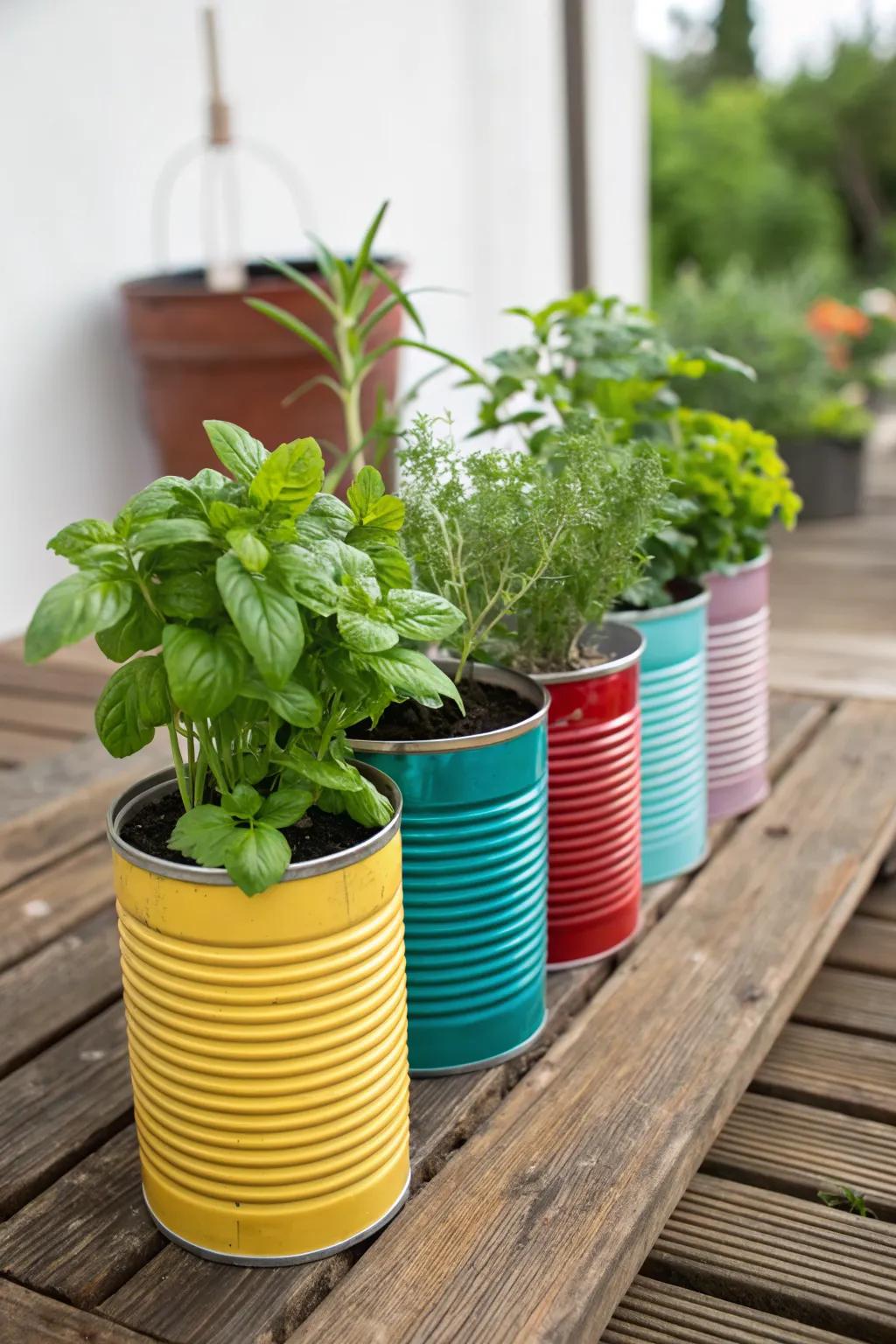 Tin can planters are a cute and sustainable option.