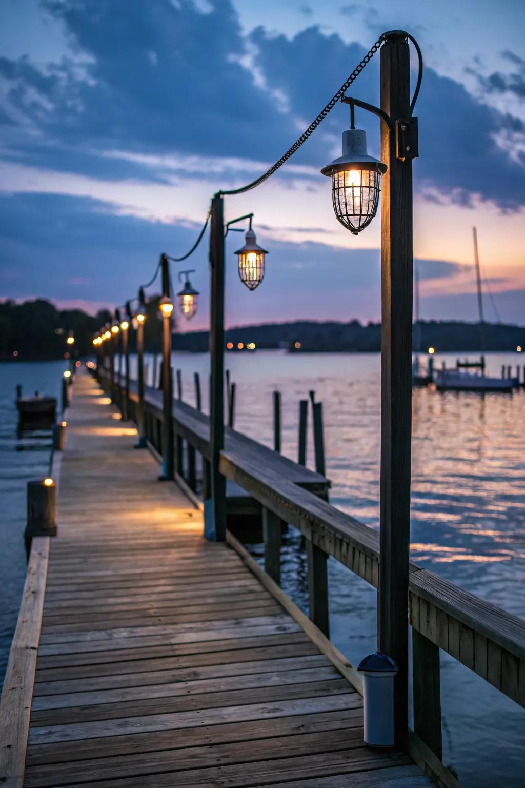 Wharf lights adding a nautical charm to a dock.